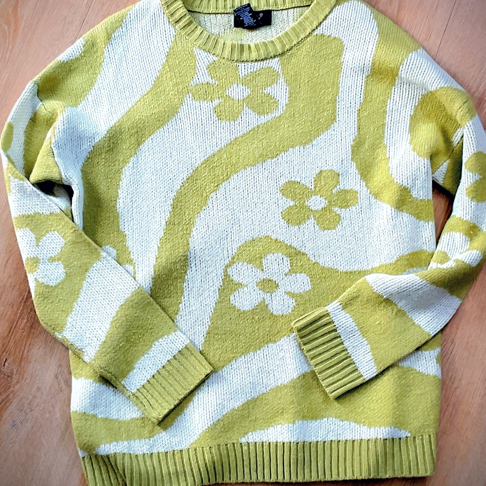 Just polly 1960s 60s Knit Pea Green & White Sweater Winter Pullover Round Neck